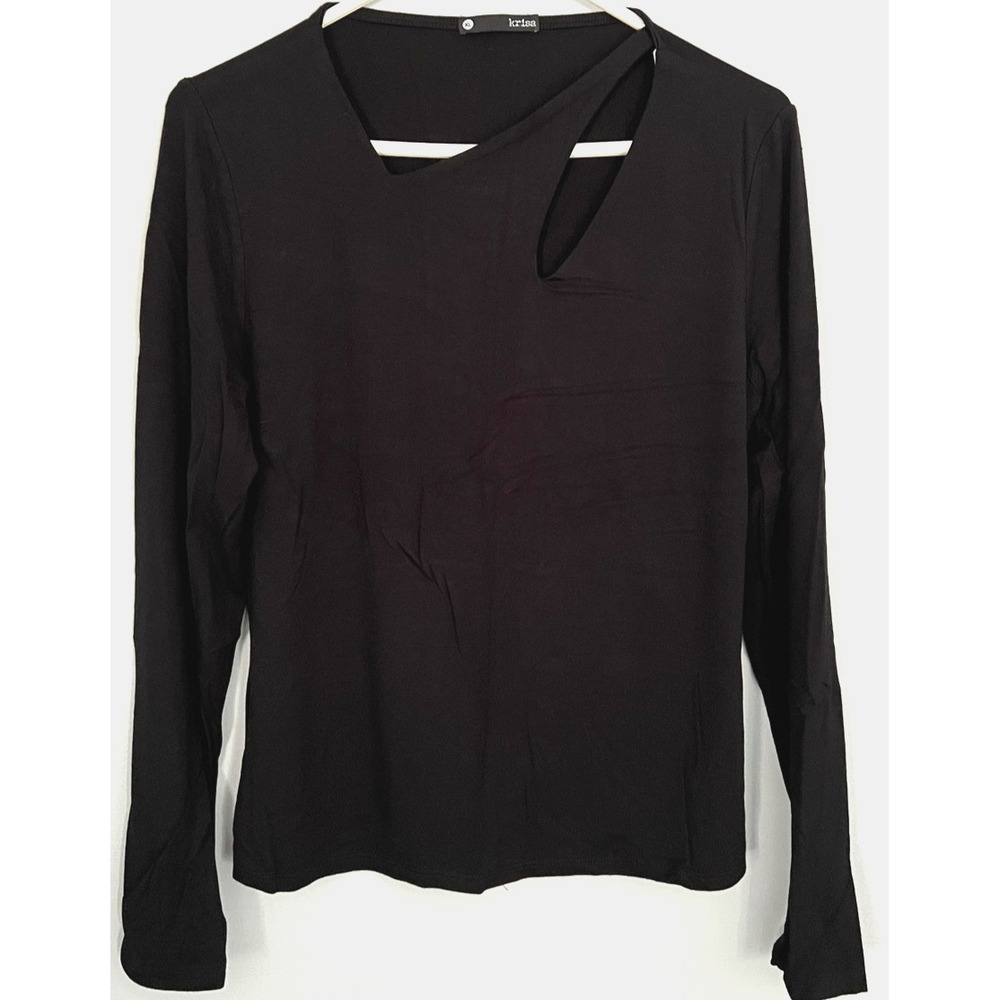 Krisa Shirt Womens XL Black Long Sleeve Cutout Asymmetrical Neck Made USA K-1951